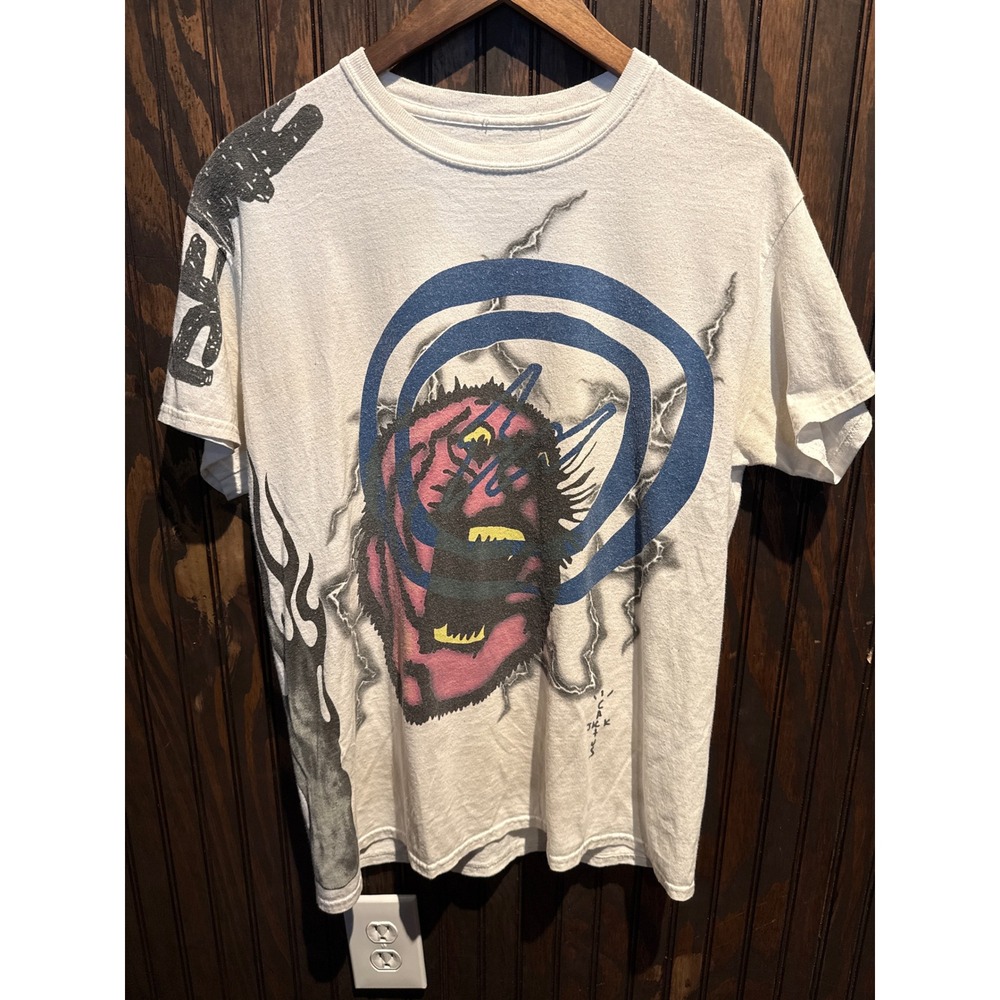 Travis Scott Cactus Jack Graphic Tee Off-White Pink Face Lightning Bolt Shirt